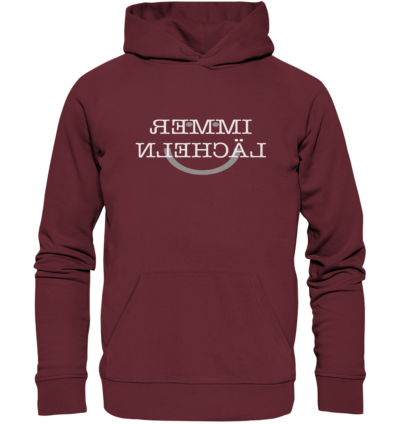 Immer lächeln - Spiegelschrift - Hochwertiger Unisex Bio Hoodie 7 Spiegelgewand - Reiche deinem Spiegelbild die Hand - front organic hoodie 672b34 1116x 84