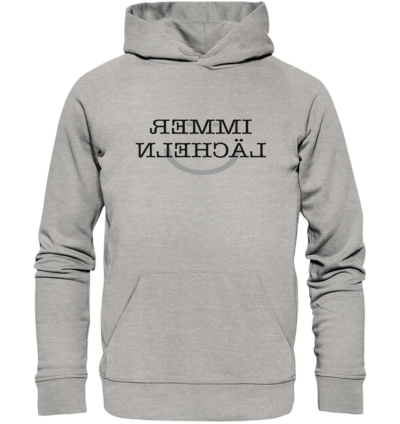 Immer lächeln - Spiegelschrift - Hochwertiger Unisex Bio Hoodie 10 Spiegelgewand - Reiche deinem Spiegelbild die Hand - front organic hoodie c2c1c0 1116x 84