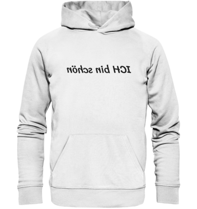 Ich bin schön - Spiegelschrift - Hochwertiger Unisex Bio Hoodie 11 Spiegelgewand - Reiche deinem Spiegelbild die Hand - front organic hoodie f8f8f8 1116x 55