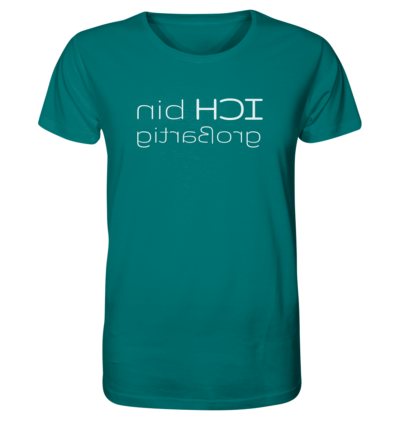 Ich bin großartig - Spiegelschrift - Unisex Bio T-Shirt 13 Spiegelgewand - Reiche deinem Spiegelbild die Hand - front organic shirt 007373 1116x 45