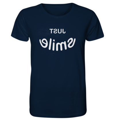 Just smile - Spiegelschrift - Unisex Bio T-Shirt 12 Spiegelgewand - Reiche deinem Spiegelbild die Hand - front organic shirt 0e2035 1116x 23