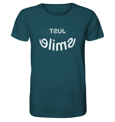 Just smile - Spiegelschrift - Unisex Bio T-Shirt 16 Spiegelgewand - Reiche deinem Spiegelbild die Hand - front organic shirt 204d59 1116x 23