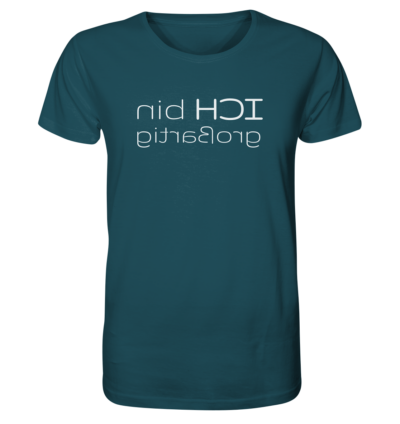 Ich bin großartig - Spiegelschrift - Unisex Bio T-Shirt 16 Spiegelgewand - Reiche deinem Spiegelbild die Hand - front organic shirt 204d59 1116x 45