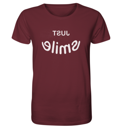 Just smile - Spiegelschrift - Unisex Bio T-Shirt 11 Spiegelgewand - Reiche deinem Spiegelbild die Hand - front organic shirt 672b34 1116x 23