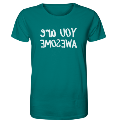 You are awesome - Spiegelschrift - Unisex Bio T-Shirt 13 Spiegelgewand - Reiche deinem Spiegelbild die Hand - front organic shirt 007373 1116x