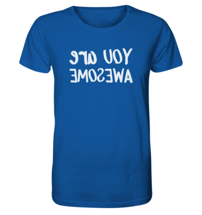 You are awesome - Spiegelschrift - Unisex Bio T-Shirt 15 Spiegelgewand - Reiche deinem Spiegelbild die Hand - front organic shirt 13569c 1116x